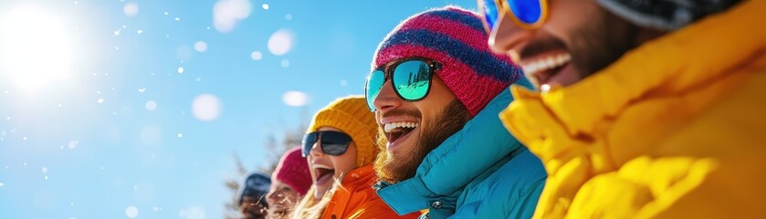 A joyful group of people in colorful winter attire, enjoying a sunny day in the snow, with smiles and laughter.