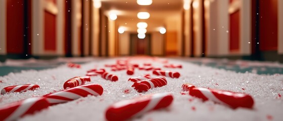 A festive hallway adorned with a snowy carpet and scattered candy canes, evoking a cheerful holiday atmosphere.