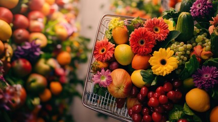 A vibrant assortment of fruits and flowers displayed in a basket, showcasing nature's colors and freshness.