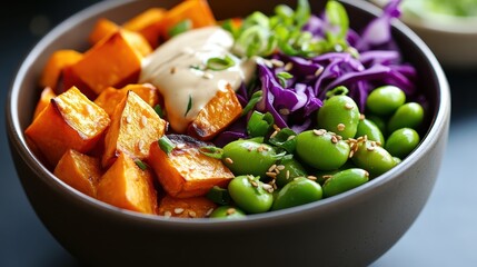A vibrant bowl featuring roasted squash, purple cabbage, edamame, and a creamy sauce, showcasing a healthy and colorful meal.