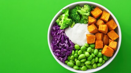 A vibrant bowl of healthy food featuring sweet potatoes, broccoli, purple cabbage, and edamame, served with a creamy dressing on a bright green background.