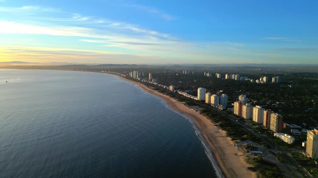 Drone View of Playa Mansa Coastline at Sunset in Punta del Este