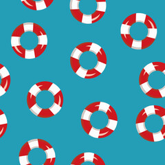 Swimming ring lifebuoy seamless pattern. Colored striped rings repeat on blue background. Repeat pattern with lifebuoys floating on sea water. Texture, wallpaper template.