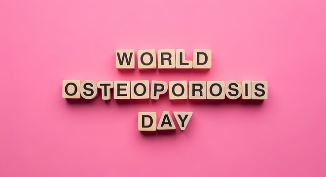 Top view of wooden blocks spelling out world osteoporosis day on a pink background concept