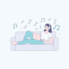 Woman Listening to Music on Sofa with Headphones Using Laptop Vector Illustration Relaxation Concept