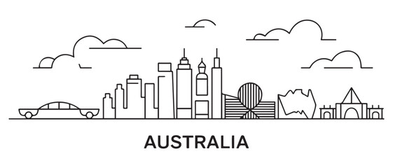 Obraz premium Australia Line Art skyline. Travel Australia famous landmarks. Business and tourism concept for presentation, banner, web site. with white background