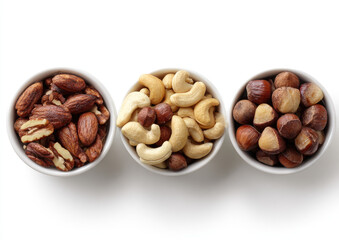 Three small white bowls filled with various nuts.  Almonds, pecans, cashews, and hazelnuts are visible