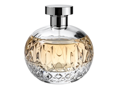 Firefly_A vintage-style round crystal perfume bottle featuring a reflective silver atomizer a 572282.