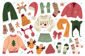 Collection of flat cartoon winter clothing and Christmas accessories. Vector illustrations of scarves, hats, sweaters, mittens, slippers, socks, festive details. Cozy warm outfit design for holiday
