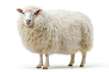 Fluffy white sheep, full body shot, against white background