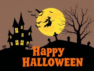 Spooky halloween scene with haunted castle witch and full moon