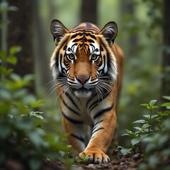Obraz premium Majestic Orange Striped Tiger Walking Through Lush Green Forest