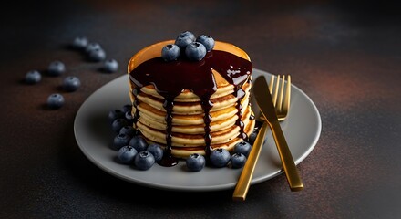 Delicious Stacked Pancakes with Blueberries.