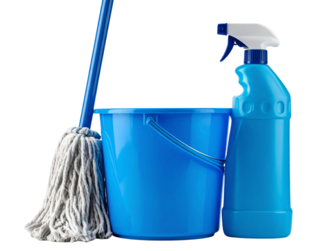  Set of Household Cleaning Tools with Mop, Bucket, and Spray Bottle, Front View, Isolated on Transparent Background