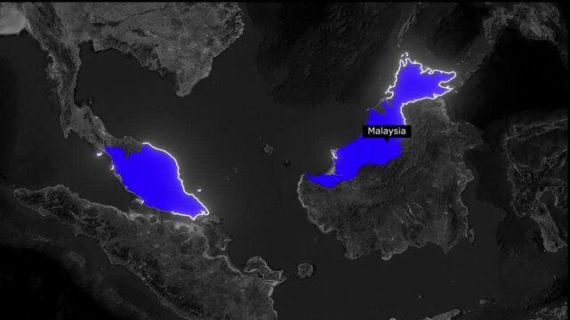 A map of malaysia highlighted in blue on a dark gray background with white outlines of the country
