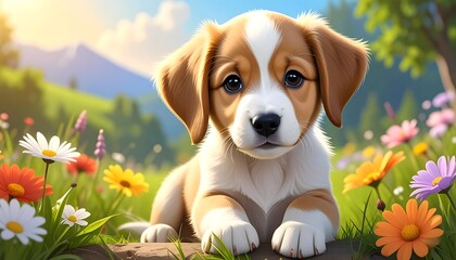 Puppy in a Flower Meadow