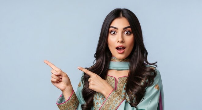 Surprised woman pointing to the side, wearing a teal shalwar kameez.