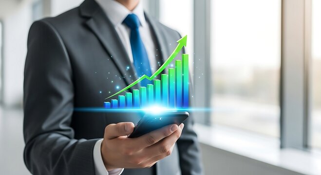 Businessman Holding Smartphone Showing Upward Trending Graph, Representing Growth, Success, and Financial Progress.