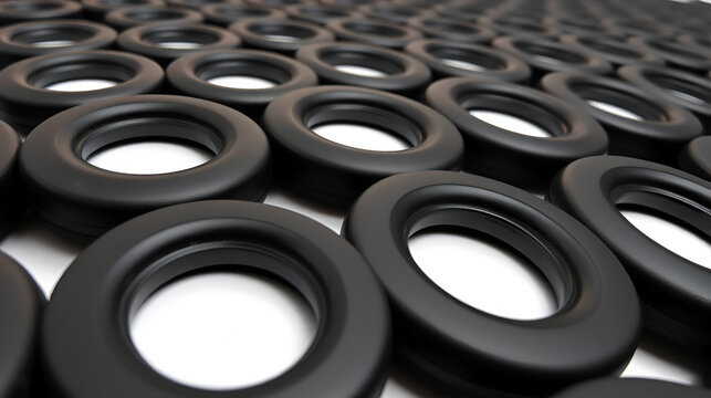 Close-up view of numerous black rubber grommets arranged in a pattern, showcasing texture and depth