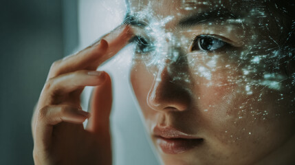 Intelligent Korean woman interacting with futuristic digital interface. A woman's face with a digital overlay, suggesting technology and innovation, touching her forehead with a thoughtful expression.