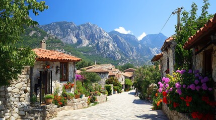 Obraz premium stone village nestled amongst stunning mountains with vibrant flowers blooming along cobblestone street for showcasing idyllic summer scene peaceful travel landscape concept