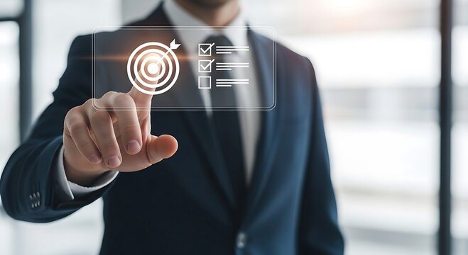 Businessman Achieving Goals: Target, Checklist, and Strategic Planning on Digital Interface.