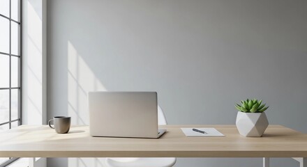 Fototapeta premium Minimalist modern workspace with laptop on wooden desk and natural light