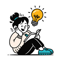 Creative Vector Illustration of Woman Working on Laptop with Music and Light Bulb Idea Concept