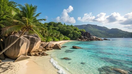 Fototapeta premium Tropical beach paradise island ocean sea sand palm trees vacation travel destination getaway tourism resort