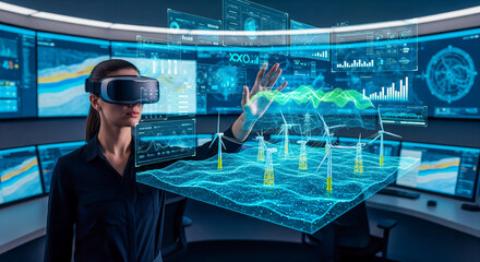 Female engineer in VR headset managing wind farm with holographic interface, woman using virtual reality for renewable energy simulation in control room.