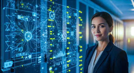 Businesswoman in modern data center with holographic display of neural network, concept of machine learning, cloud computing and global communication.