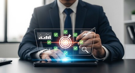 Fototapeta premium Businessman Achieving Goals with Digital Technology, Strategy, Data Analysis and Target Achievement.