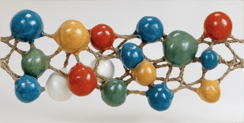 Colorful, spherical shapes connected by a network of strings