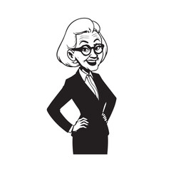 Old woman in formal clothes black and white vector illustration simple minimalist portrait design