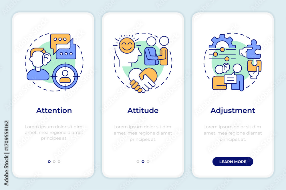 Wall mural 3 a of basic listening skills onboarding mobile app screen. walkthrough 3 steps editable graphic ins