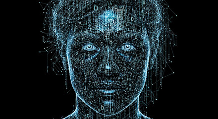 Artificial intelligence concept, futuristic digital face made of glowing binary code and data network, human identity in virtual reality and metaverse technology background.