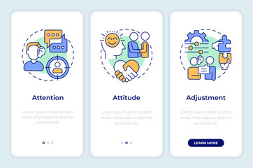 3 A of basic listening skills onboarding mobile app screen. Walkthrough 3 steps editable graphic instructions with linear concepts. UI, UX, GUI. Montserrat SemiBold, Regular fonts used