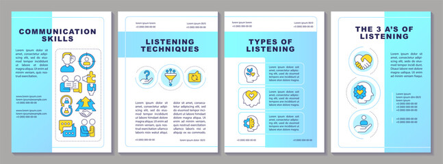 Communication skills brochure layout. Emotional intelligence, social interaction. Leaflet advertising design with color line icons. Editable 4 pages. Arial-Black, Myriad Pro-Regular fonts used