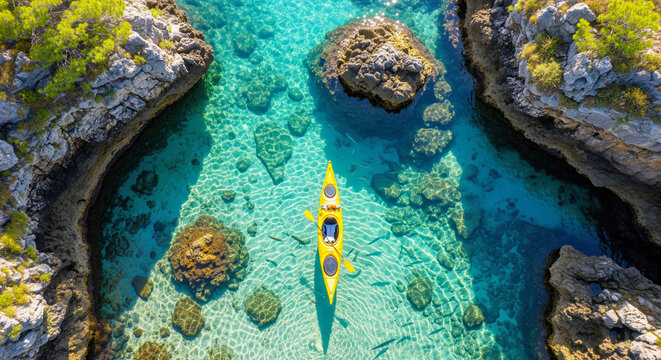 Aerial drone view yellow kayak in crystal clear turquoise water, summer vacation and travel adventure concept in beautiful paradise lagoon.