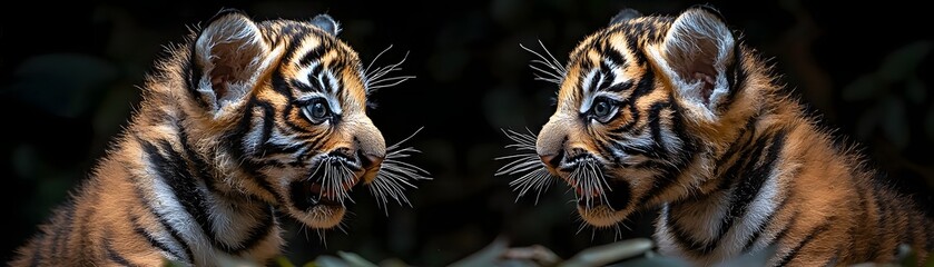 Two adorable tiger cubs with striking stripes face each other intensely in a dark natural environment