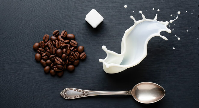 Coffee ingredients flat lay on black slate background, roasted coffee beans with milk splash, sugar cube and vintage spoon, morning cafe concept. - Powered by Adobe