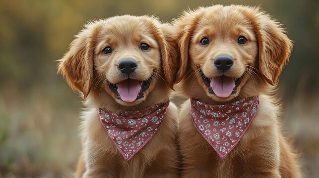 Two adorable golden retriever puppies wearing patterned bandanas sit together outdoors smiling happily