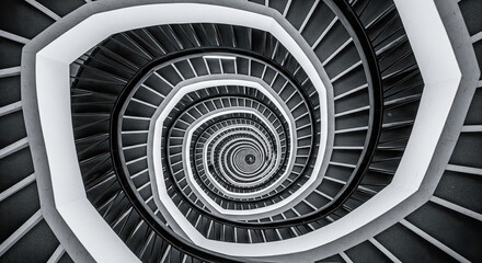 Abstract black and white top down view of spiral staircase, hypnotic geometric pattern creating a vortex effect, modern architectural design