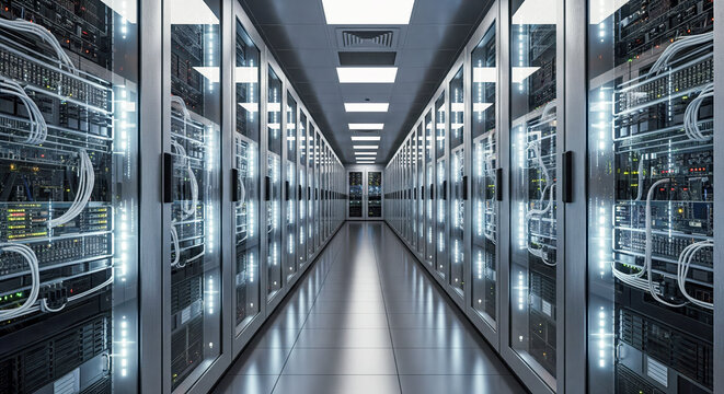 Data center with server racks in long corridor, cloud computing and big data technology background, concept of internet hosting and network.