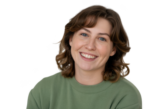 Professional headshot portrait of a smiling young woman in a green sweatshirt transparent background - Powered by Adobe