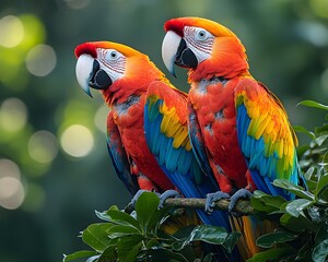 Two vibrant scarlet aws perched on a lush tree branch showcasing their stunning tropical plumage