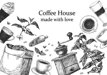 Coffee shop products. Coffee House Coffee design template. Hand-drawn illustration of Coggee. Ink. Vector