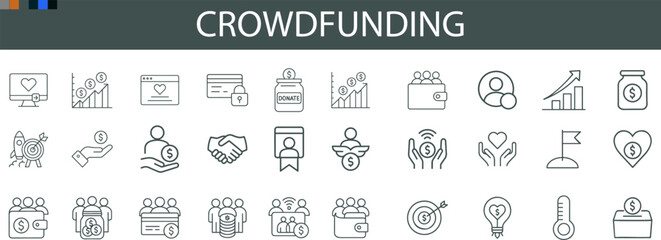 Crowdfunding Icon Set for Fundraising Campaigns, Community Support, and Startup UI Design