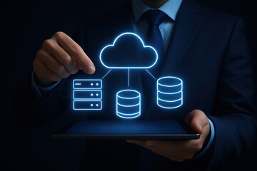 Businessman interacting with cloud data storage and server network