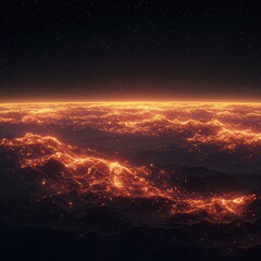 Fototapeta premium An awe-inspiring cosmic view of a planet's fiery, molten surface under a star-studded sky.